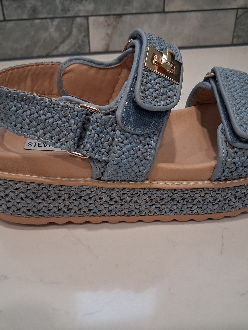 Steve Madden Light Blue Woven Platform Sandal with Gold Hardware